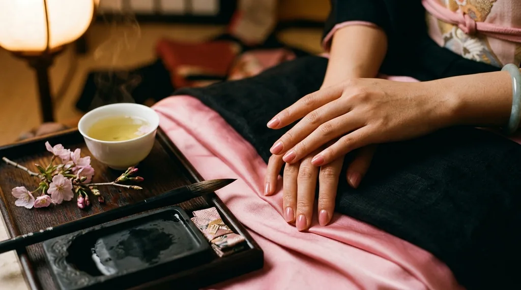 Main féminine asiatique sur soie rose cerisier et encre noire — tel rose hot Mai vietnamienne Grenoble